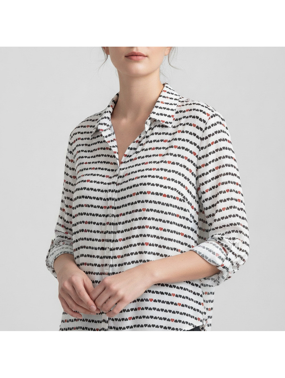 Jane & Delancey Casual Chic Heart Print Long Sleeve Button Down Blouse Shirt L